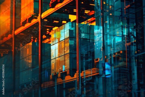 Wallpaper Mural Warehouse operations in supply chain close up, focus on, copy space, vibrant colors, Double exposure silhouette with storage racks Torontodigital.ca