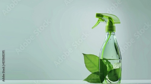 A glass water bottle filled with clear water and a single green leaf submerged inside  with a simple white label on the side