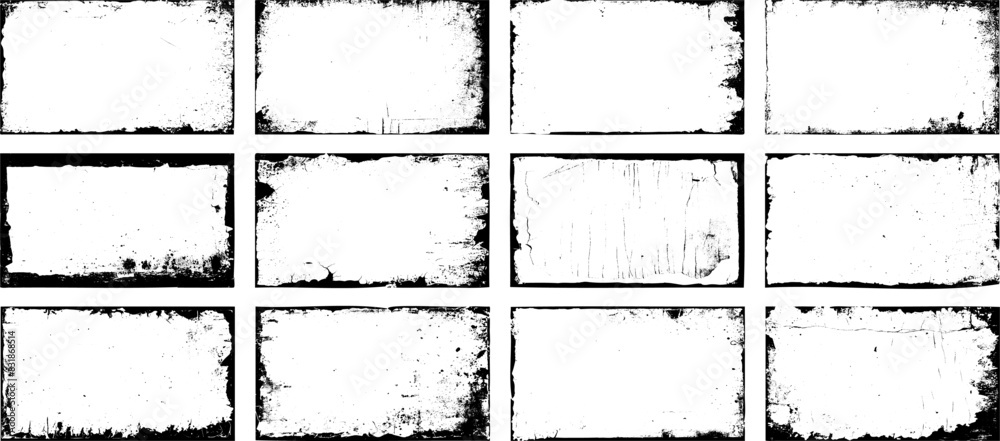 Overlay old frame and border effect torn and crumpled grunge pattern for poster or vinyl album cover. Vector of rough, dirty, grainy design, poster frame, cover. Overlay old frame and border effect torn and crumpled grunge pattern for poster or vinyl album cover. Vector of rough, dirty, grainy design, poster frame, cover.