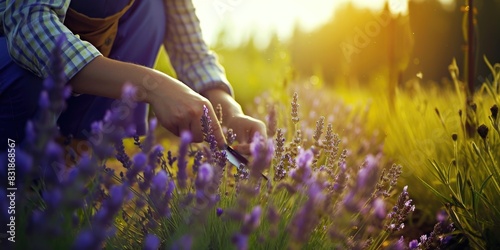 A person collecting lavender flowers in a field