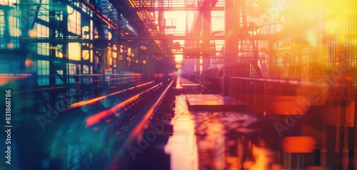 Industrial steel production line close up  focus on  copy space  vibrant colors  Double exposure silhouette with conveyor belts