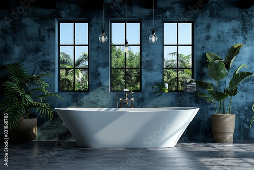 Modern bathtub in luxurious bathroom with large windows  blending natural light and elegant decor for a spa like experience