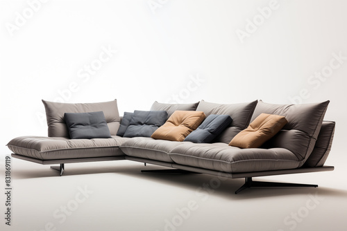Elegant and modern sectional sofa with soft cushions isolated on white background Contemporary furniture design photo