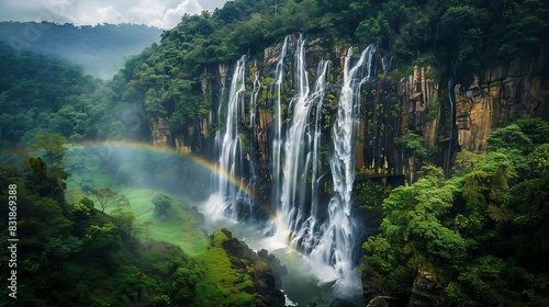 A majestic waterfall cascades down rugged cliffs  surrounded by lush greenery  with a rainbow in the mist.