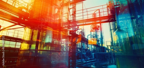 Innovative oil refining processes close up, focus on, copy space, vibrant colors, Double exposure silhouette with lab equipment photo