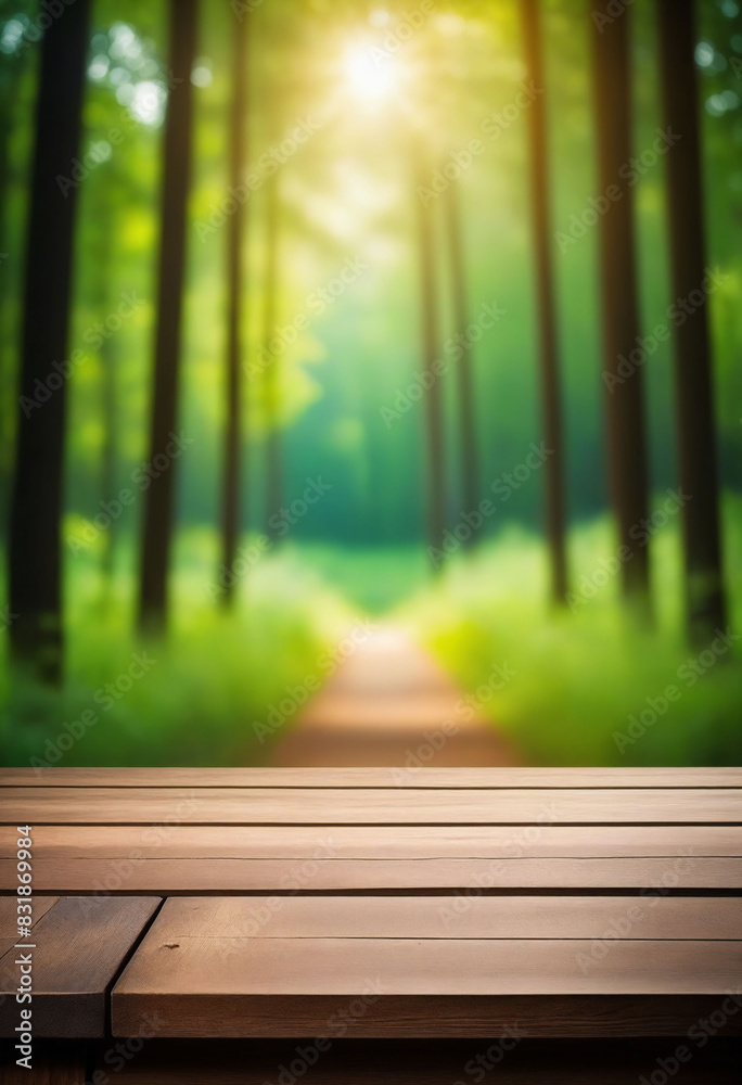 Wood table and green forest bokeh blurred background for nature Wood table and green forest bokeh blurred background for nature