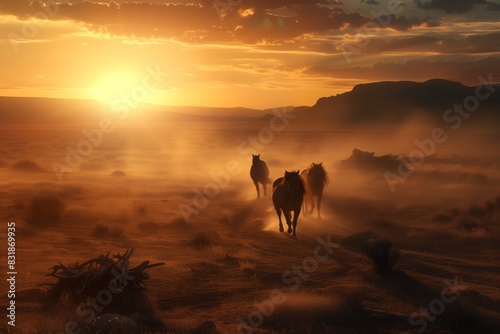 several wild horses are running across the desert