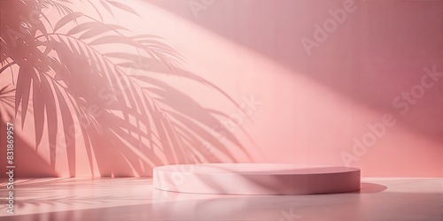 Soft Pink Wall Leaf Shadows  A pastel pink wall and floor with faint leaf shadows  creating a soft and feminine setting for product displays. 