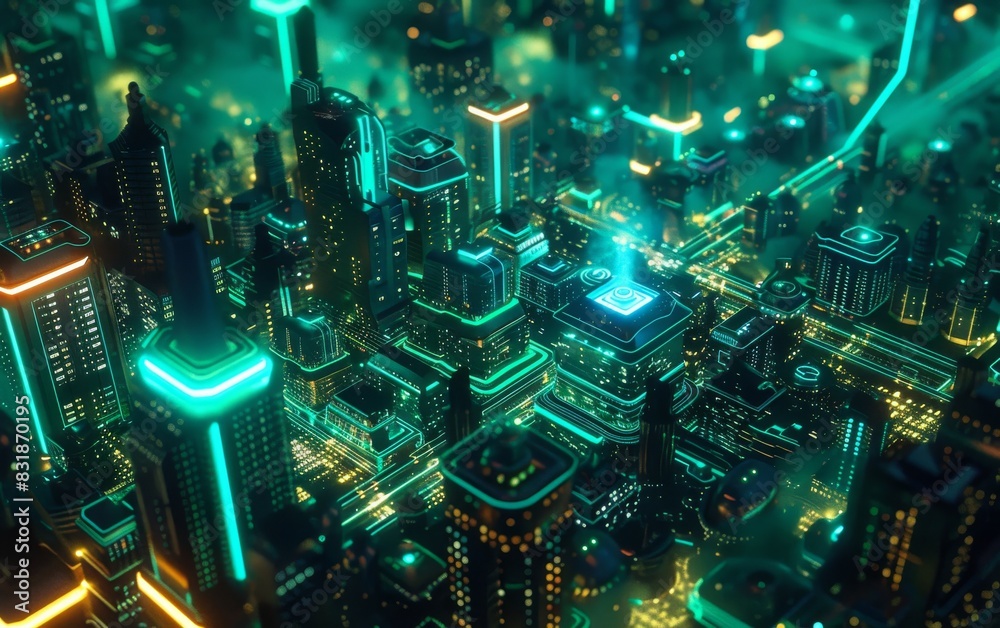 Illustrate a futuristic cityscape intertwining with neural networks glowing in electric blues and greens