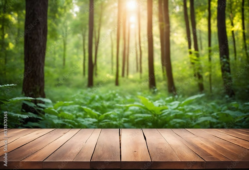 Wood table and green forest bokeh blurred background for nature Wood table and green forest bokeh blurred background for nature