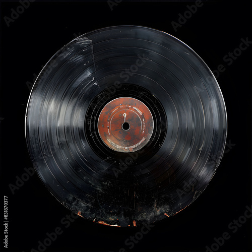 A close-up of an old, scratched vinyl record with a worn label, displayed against a dark black background