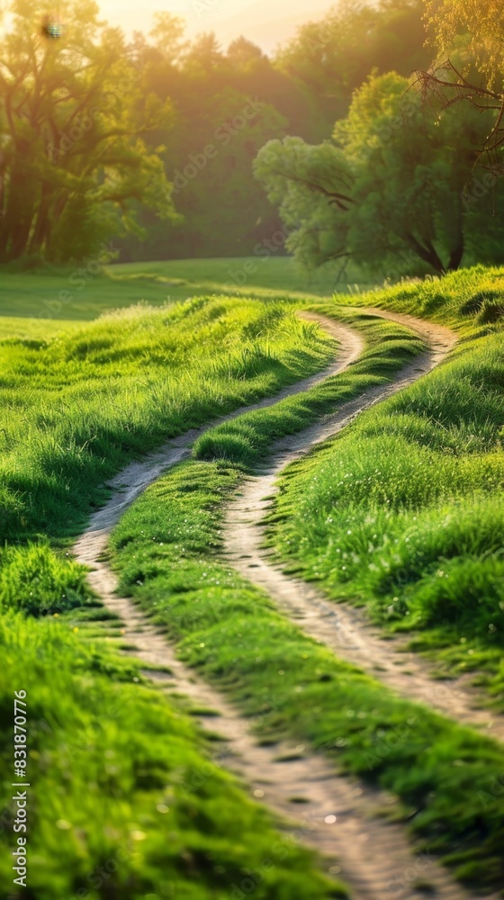 Naklejka premium Scenic Morning Stroll on Serene Green Pathway. AI-Generated 4K Wallpaper for Travel and Vacation.