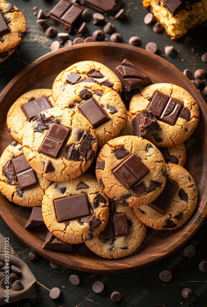 Fototapeta premium Chocolate chip cookies on plate. A platter of freshly baked chocolate chip cookies