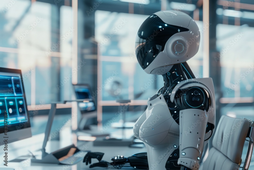 Cutting-edge technology such as AI, VR, or robotics in a modern workspace, highlighting innovation and futuristic design