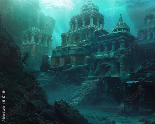 Imagine an underwater scene with sunken alien ruins glowing softly in the depths Convey a sense of eerie beauty and ancient technology awaiting discovery
