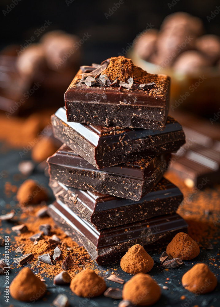 Dark chocolate pieces and cocoa powder on wooden table Dark chocolate pieces and cocoa powder on wooden table