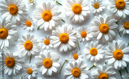 White daisies on white background. Collage of beautiful chamomile flowers on white background