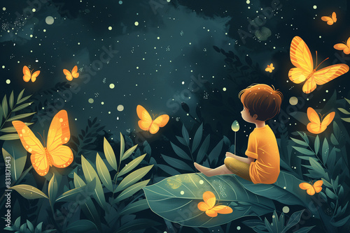 Illustration of fairly tale scene, a tinny boy sitting on a leaf looking to the sky at night surrounded with butterflies., photo