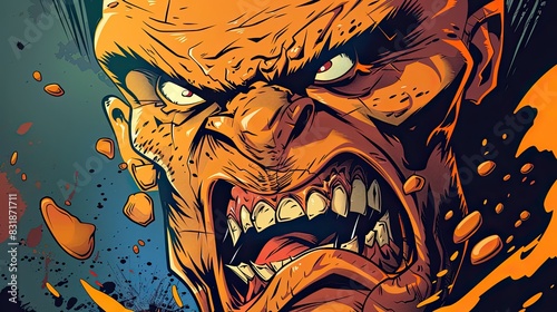 A closeup of an angry orangeskinned cartoon character with sharp teeth