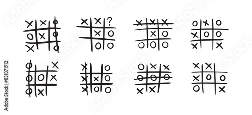 Hand drawn tic tac toe game, doodle X-O children game. Noughts and win. Play tictactoe draw.