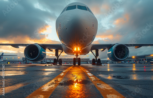 Airplane is taxiing to the runway for take off at sunset