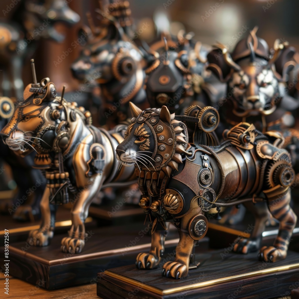 Fototapeta premium A collection of animal figurines with steampunk-inspired cybernetic enhancements, detailed with metallic glazes and gears
