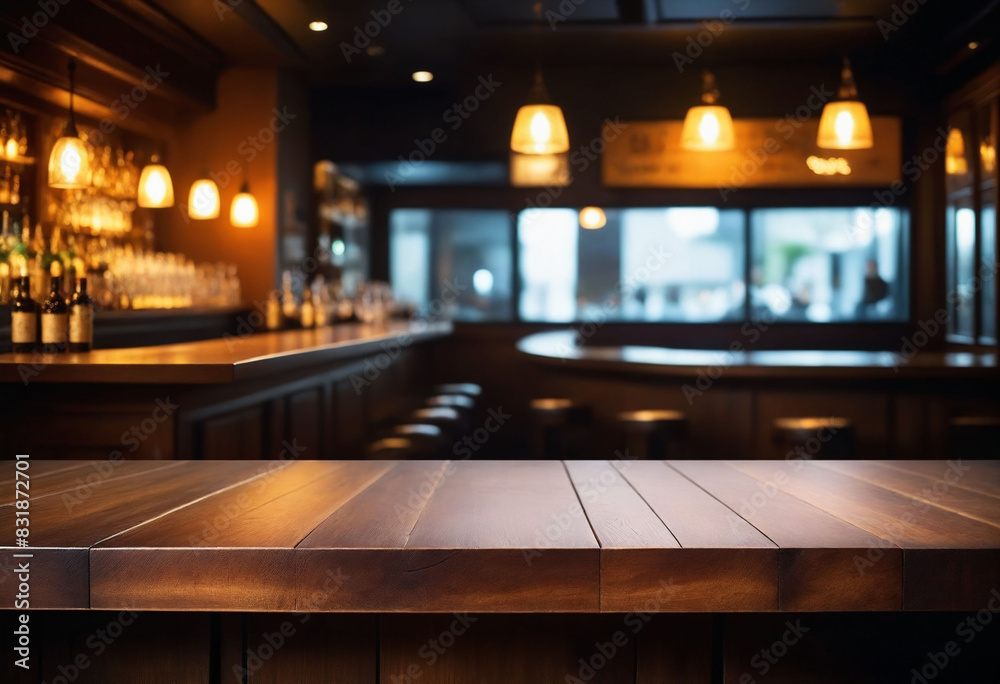 Wooden desk of bar and free space for your decoration, blurred background