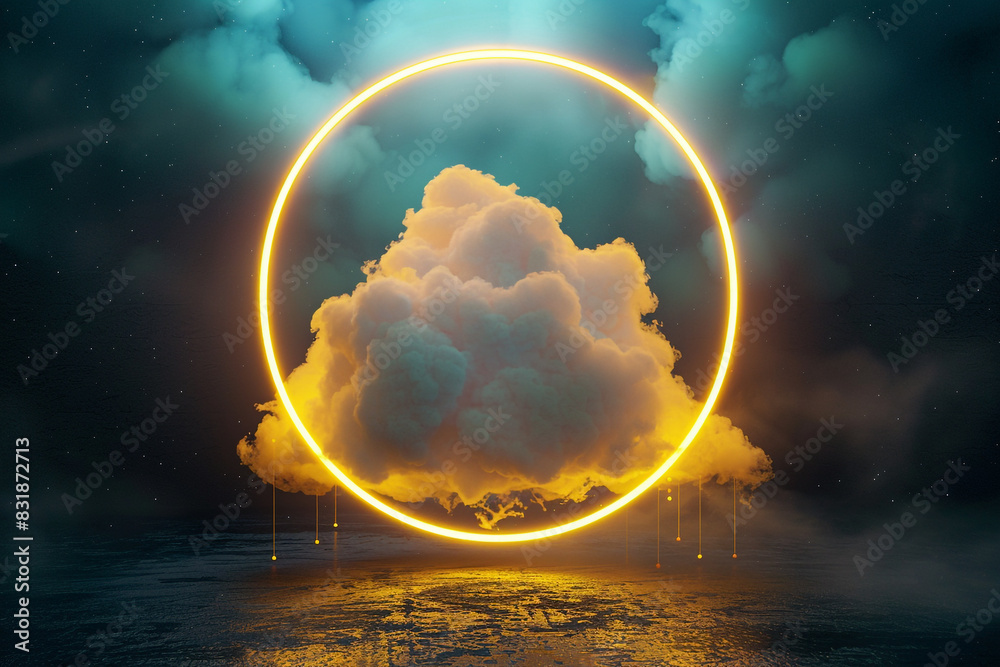 Obraz premium A tall 3D frame captures a dark sky lit by a bright mustard yellow neon ring.