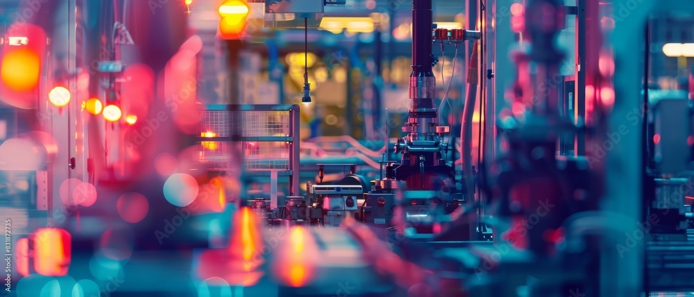 Fototapeta premium Modern industrial assembly line close up, focus on, copy space, vibrant colors, Double exposure silhouette with machinery