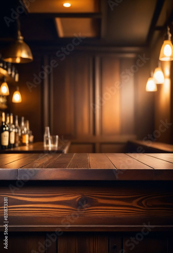 Wooden desk of bar and free space for your decoration  blurred background