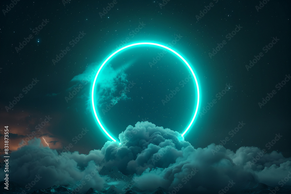 Obraz premium 3D tall frame showcasing dark night clouds illuminated by a glowing aqua neon ring.