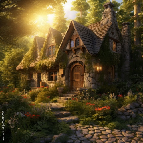 Quaint, rustic cottage in a lush forest, sunlight filtering through trees, photorealistic digital painting, detailed stonework, charming and cozy aura, inviting and serene scene © Pornarun
