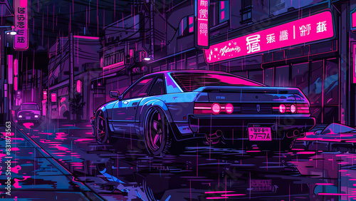 A neon-lit cityscape with an anime-style car parked on the street