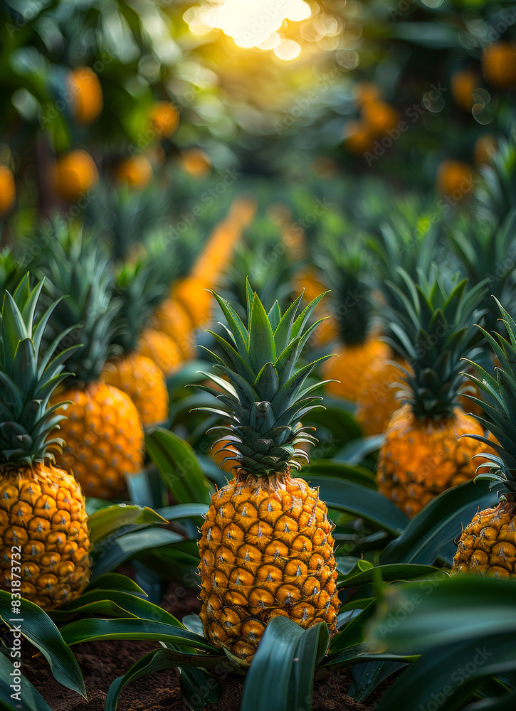 Pineapples in plantation. Field of pineapple plants with large and tall leaves Pineapples in plantation. Field of pineapple plants with large and tall leaves