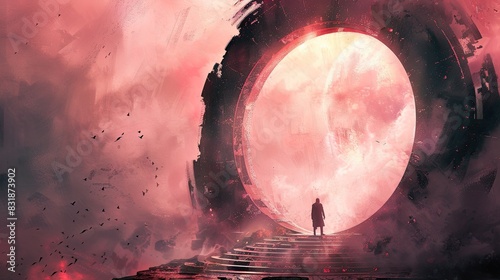 A man stands at the top of stairs leading to an open portal in space, fantasy art style