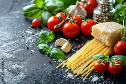 Close up of pasta and tomatoes on table