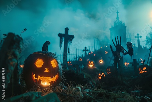A jack-o'-lantern in a graveyard photo