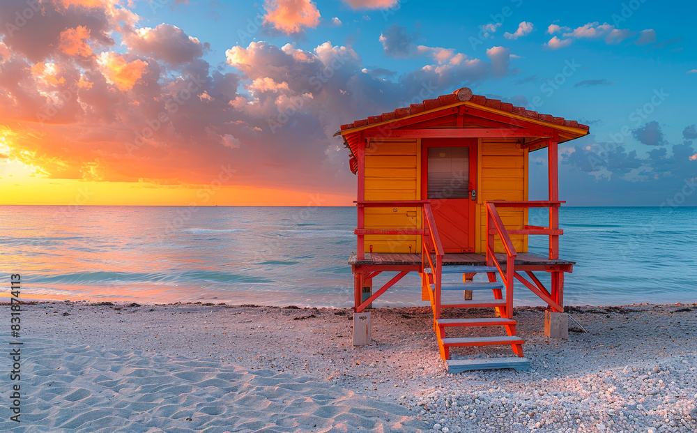 Colorful lifeguard hut sits on the beach at sunrise