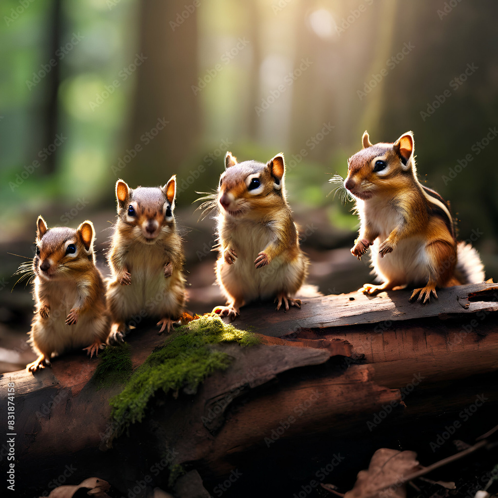 a group of chipmunks standing on a log in the woods image forest green tree back ground generate ai, a group of chipmunks standing on a log in the woods image forest green tree back ground generate ai,