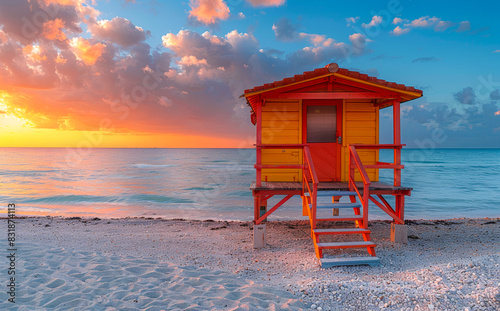 Colorful lifeguard hut sits on the beach at sunrise