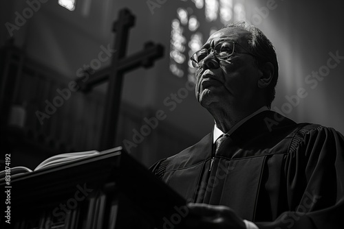 Man in black robe speaking at podium with cross backdrop photo