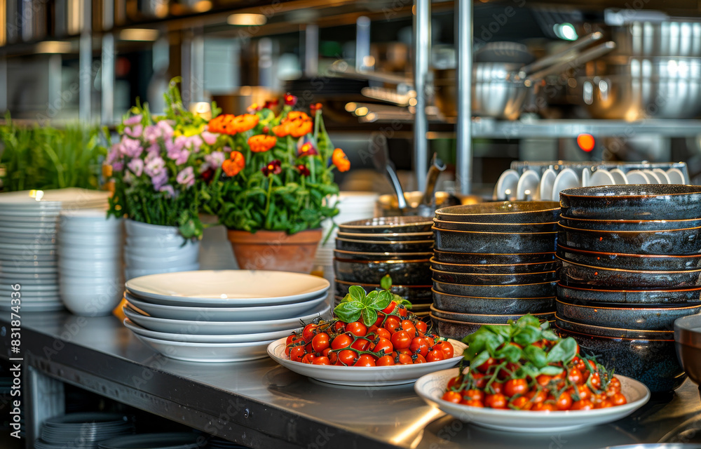 Obraz premium Fresh tomatoes and basil on the table in restaurant kitchen