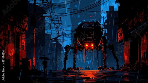 A giant robot is walking through the streets of an abandoned city