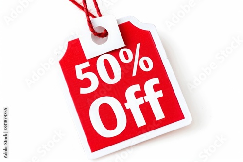 50% Off Sales Advertisement with Red Letters on Sales Tag Against White Background photo