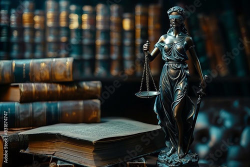 Lady justice statue with scales on table by bookshelf