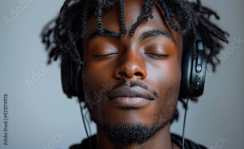Portrait of young american man listening to music with headphones