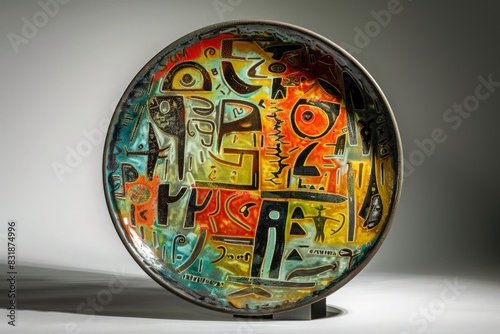 A ceramic platter that showcases a fusion of ancient hieroglyphics and modern abstract art, finished with a reactive glaze that changes color in different lighting copy space