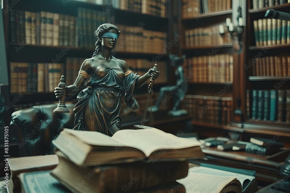 Lady justice statue in library surrounded by books and lamp