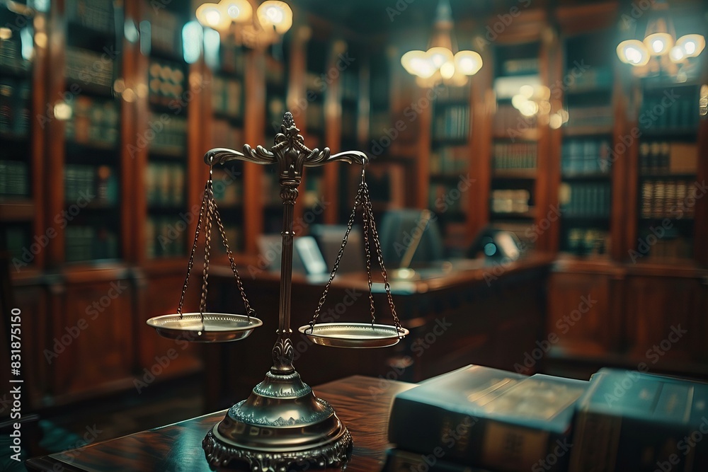 Scale of justice on table in library