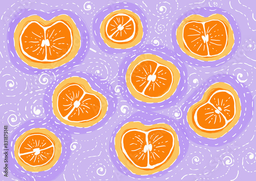 A set of halved citrus fruits. Different in shape and size. Orange color with white outline. Oranges, tangerines, etc. The background is gentle lavender color with a decor of white lines, curls, dots.